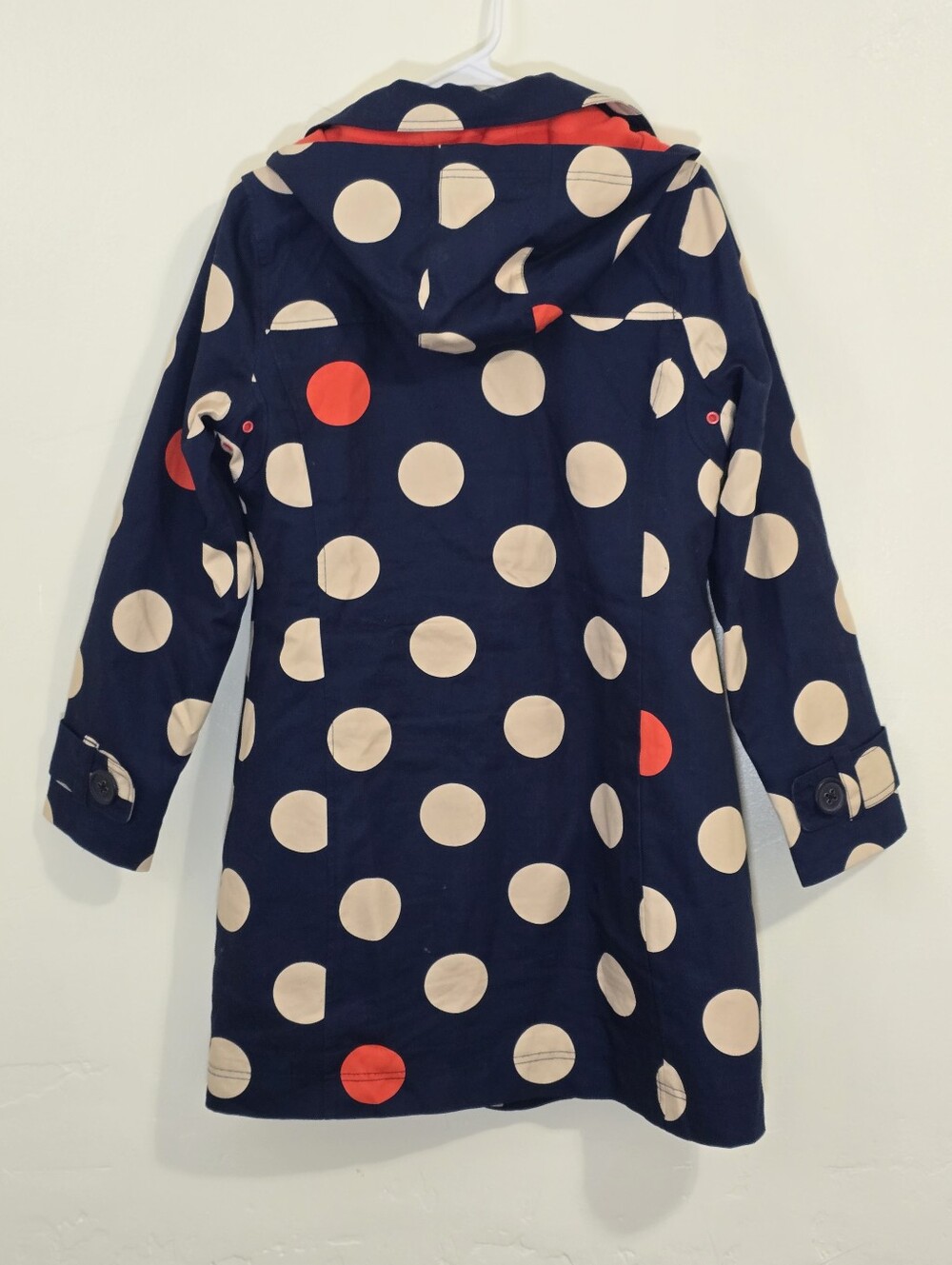 Boden Coat Womens 6 Blue/White Hooded Rain Jacket Fleece Lined Polka Dot Trench - Picture 2 of 5